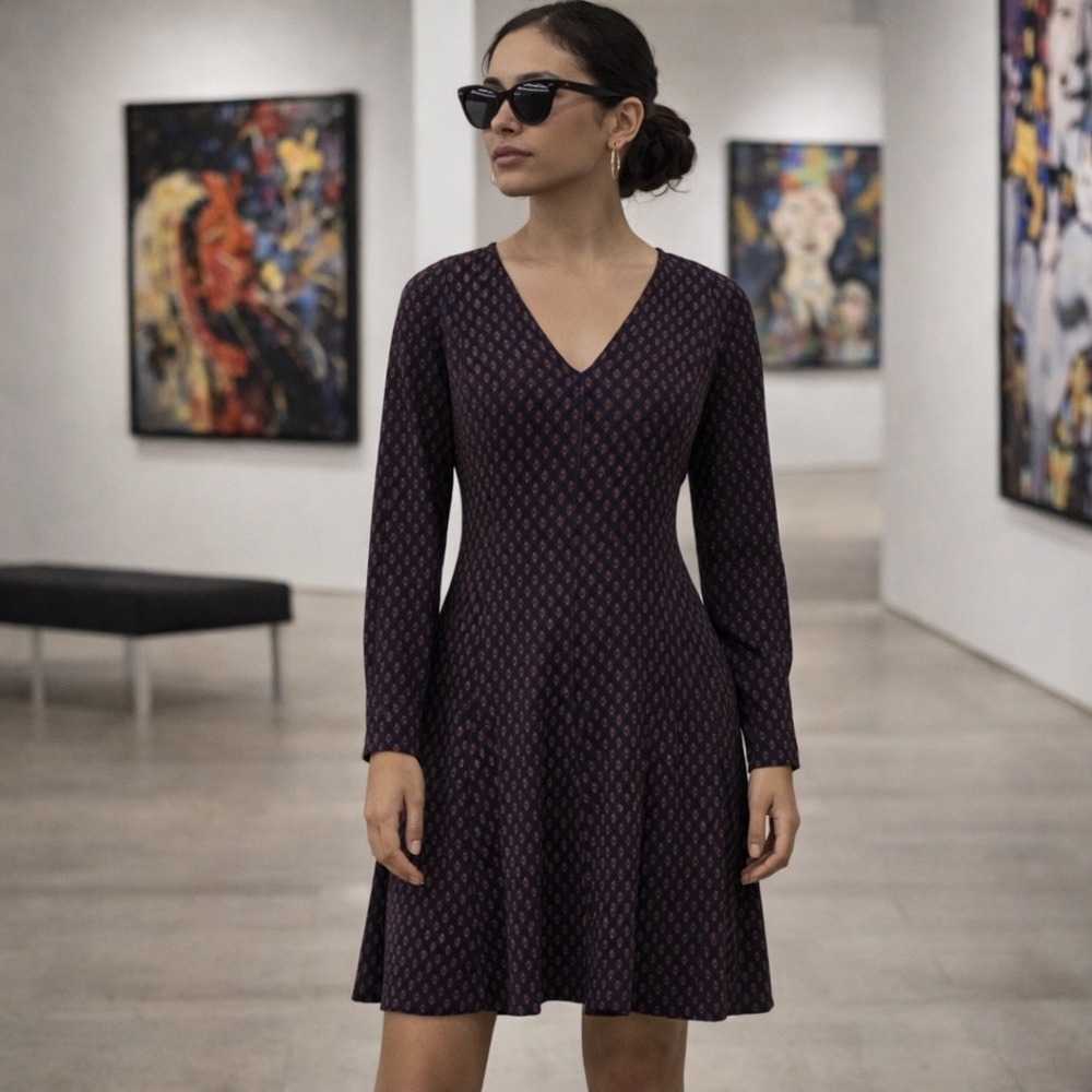 Jigsaw Navy & Rust Polka Dot Long‎ Sleeve Mini Dress – Size Medium (US 8)